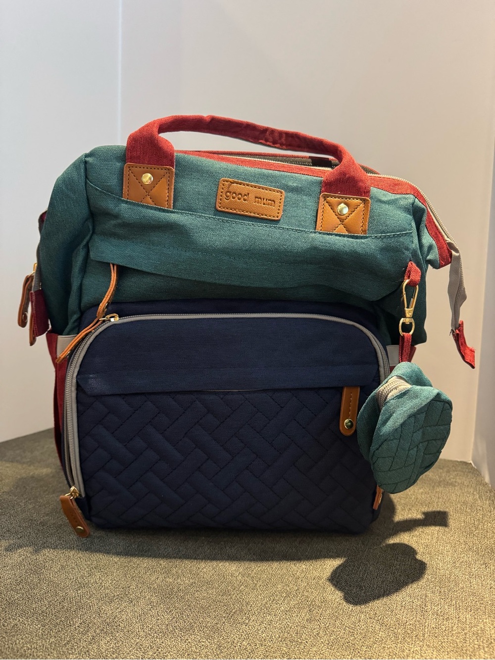 Good Mum Diaper Bag Backpack Teal/Red/Navy w Changing/Napping Station USBCharger
